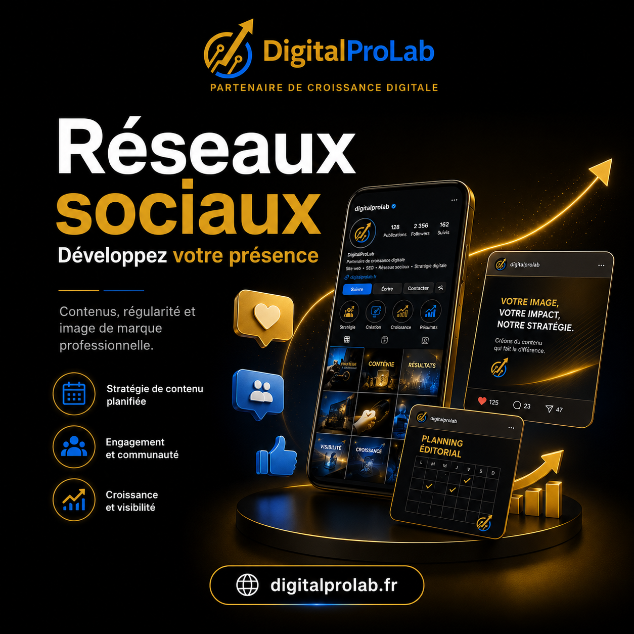 Visuel DigitalProLab illustrant la gestion des réseaux sociaux et la stratégie de contenu