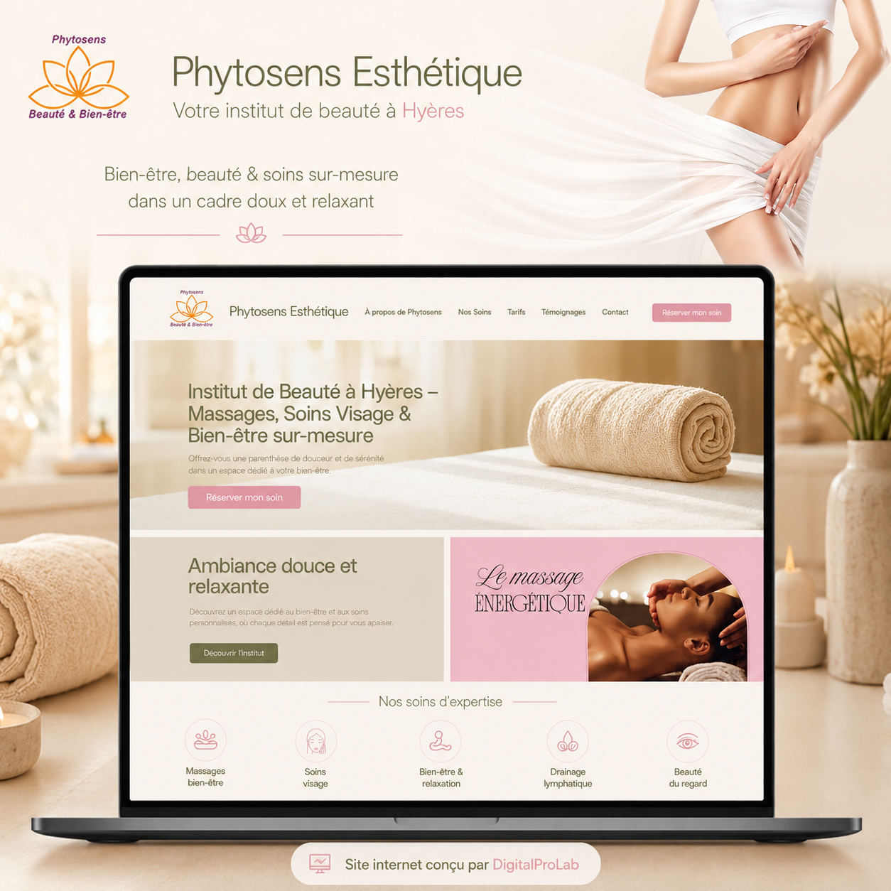 Présentation du site internet Phytosens Esthétique réalisé par DigitalProLab