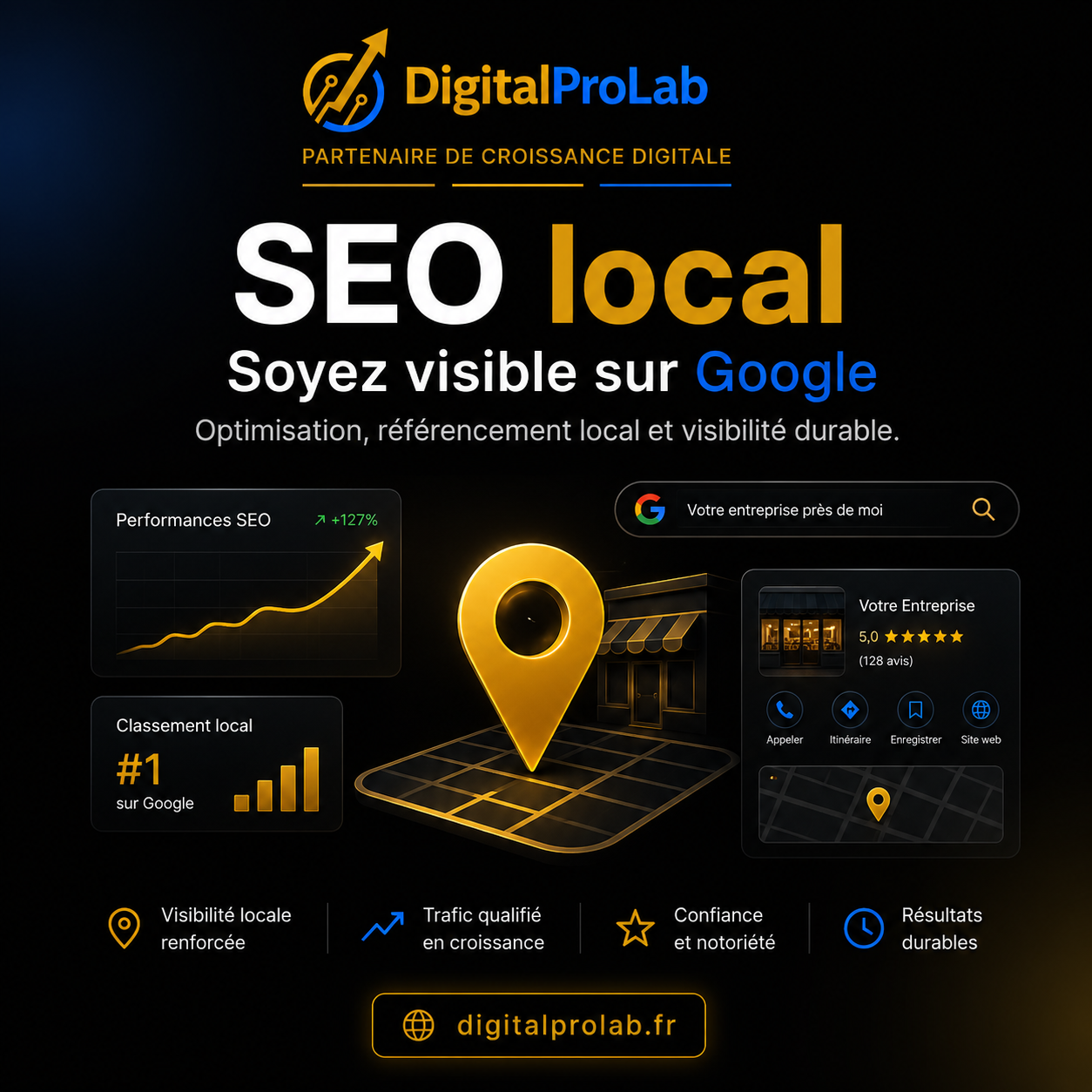 Visuel DigitalProLab illustrant le référencement SEO local et la visibilité sur Google