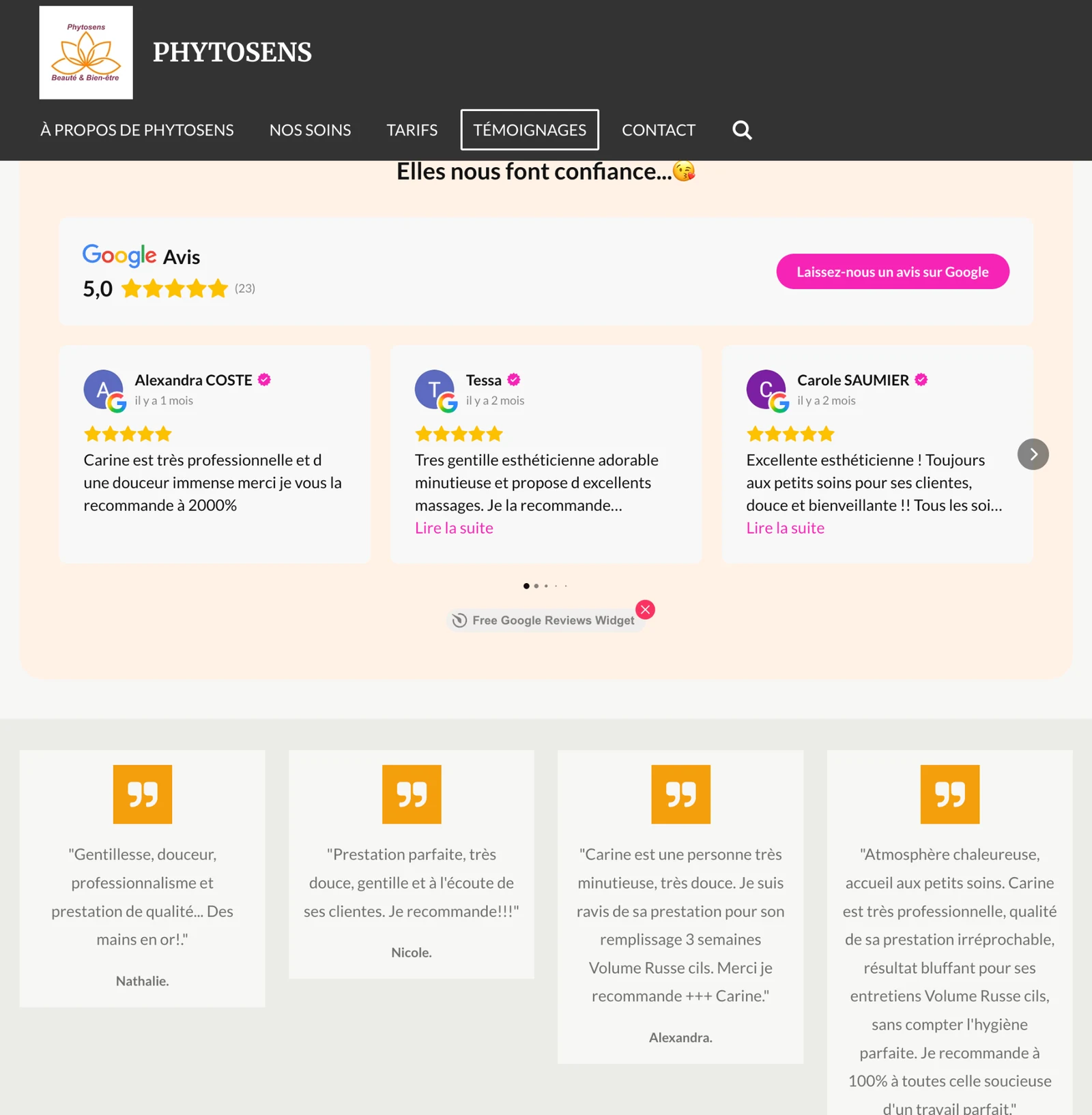 Page témoignages du site Phytosens réalisé par DigitalProLab, avis Google 5 étoiles