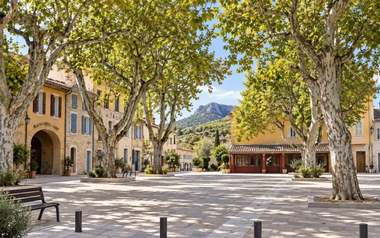 Place provençale de La Farlède avec le mont Coudon en arrière-plan